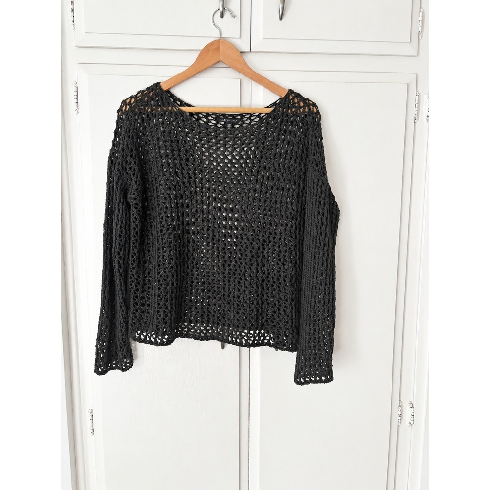 Eileen Fisher Open Knit Mesh Sweater Green Olive Boat Neck Size Medium Fisherman